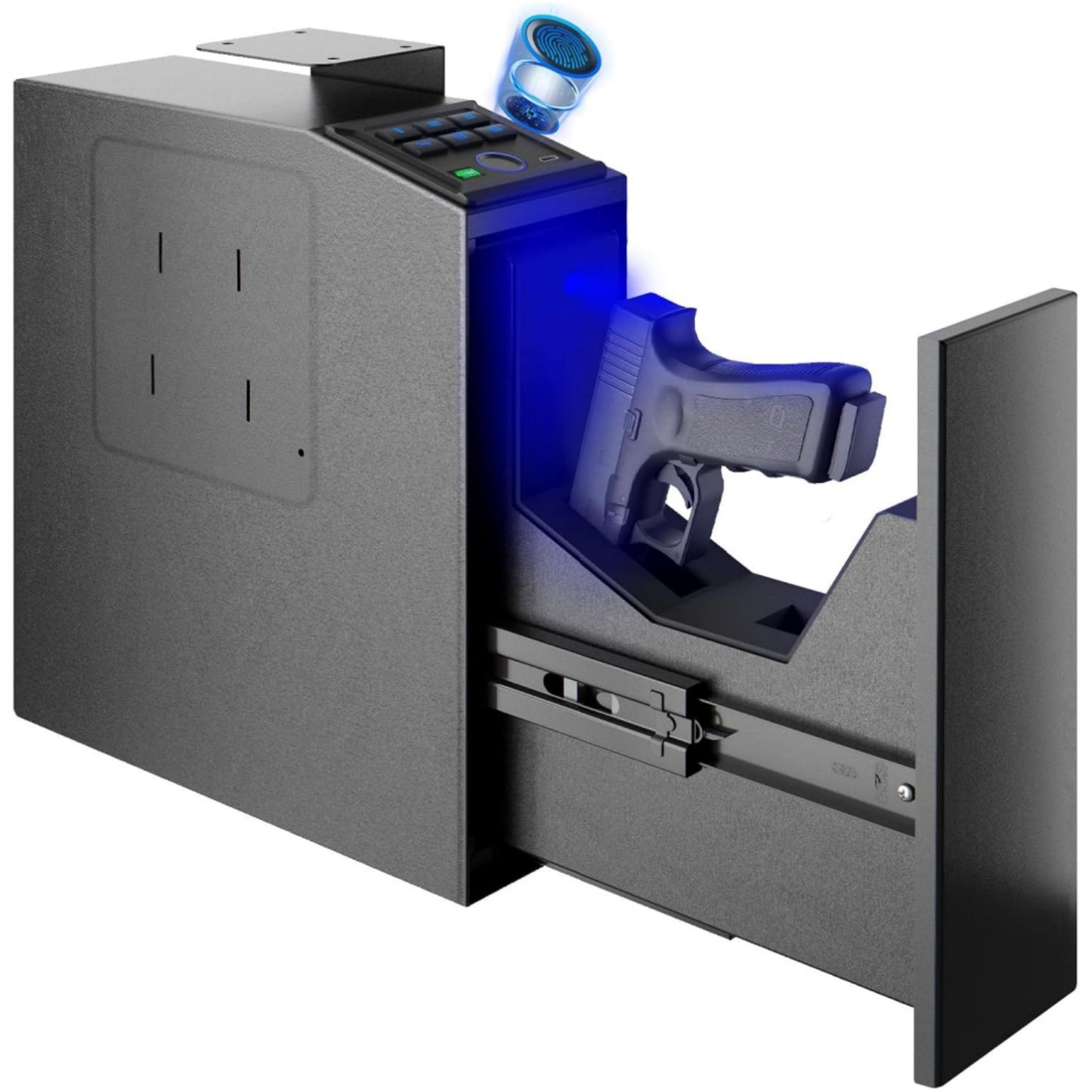 Gun Safe, Biometric Pistol Safe Fingerprint Handgun, Mounted Single Gun Safe for Handgun with 3 Ways Quick Access, Bedside Handgun Safe for Nightstand, Bedroom, Desk, Wall, Dresser