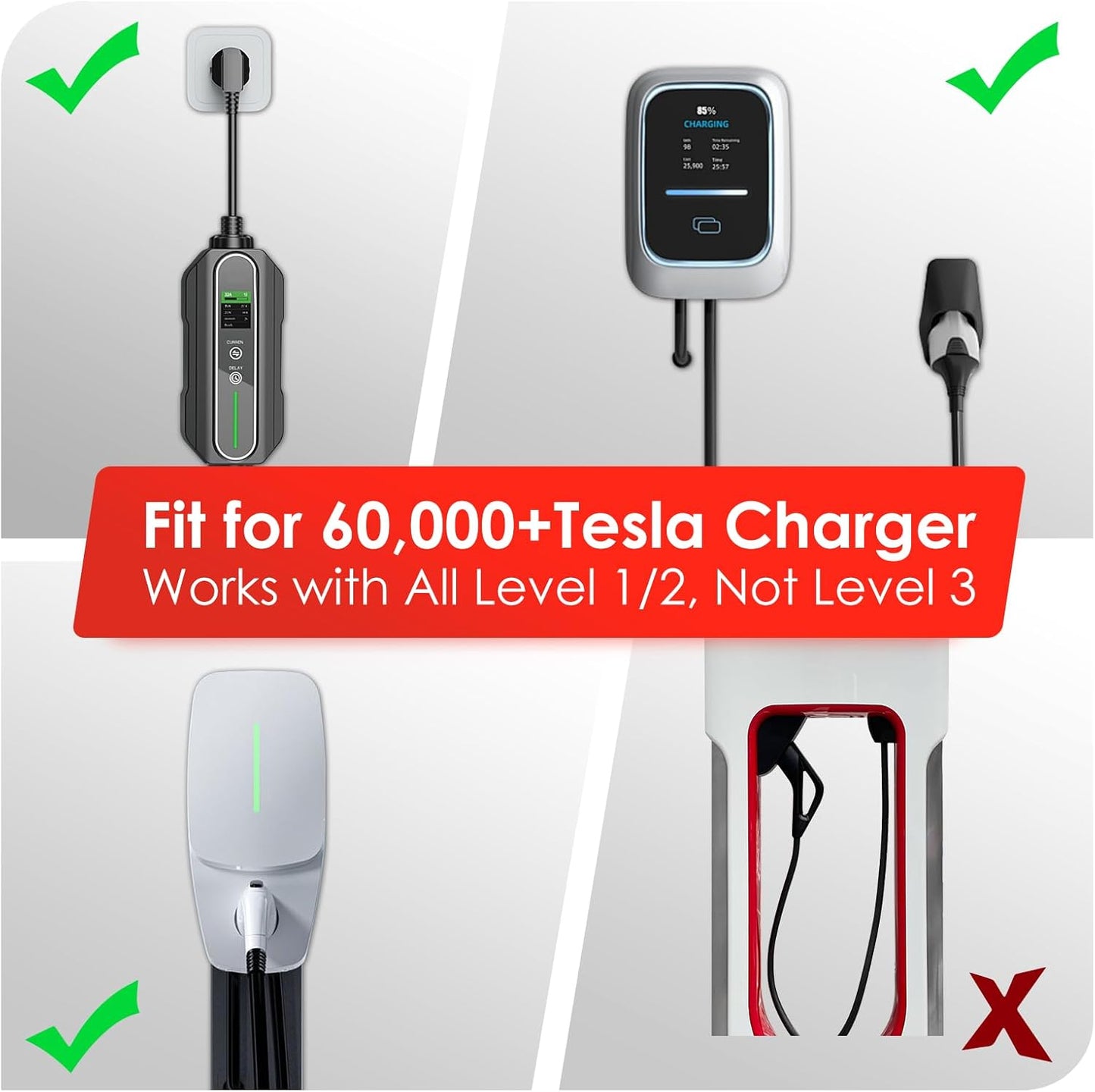 NACS to J1772 Charging Adapter,Max 60 Amp & 250V Tesla to J1772 EV Charging Adapter Compatible with IP55 Tesla High-Power Connectors, Destination and Mobile Chargers, Safety Lock