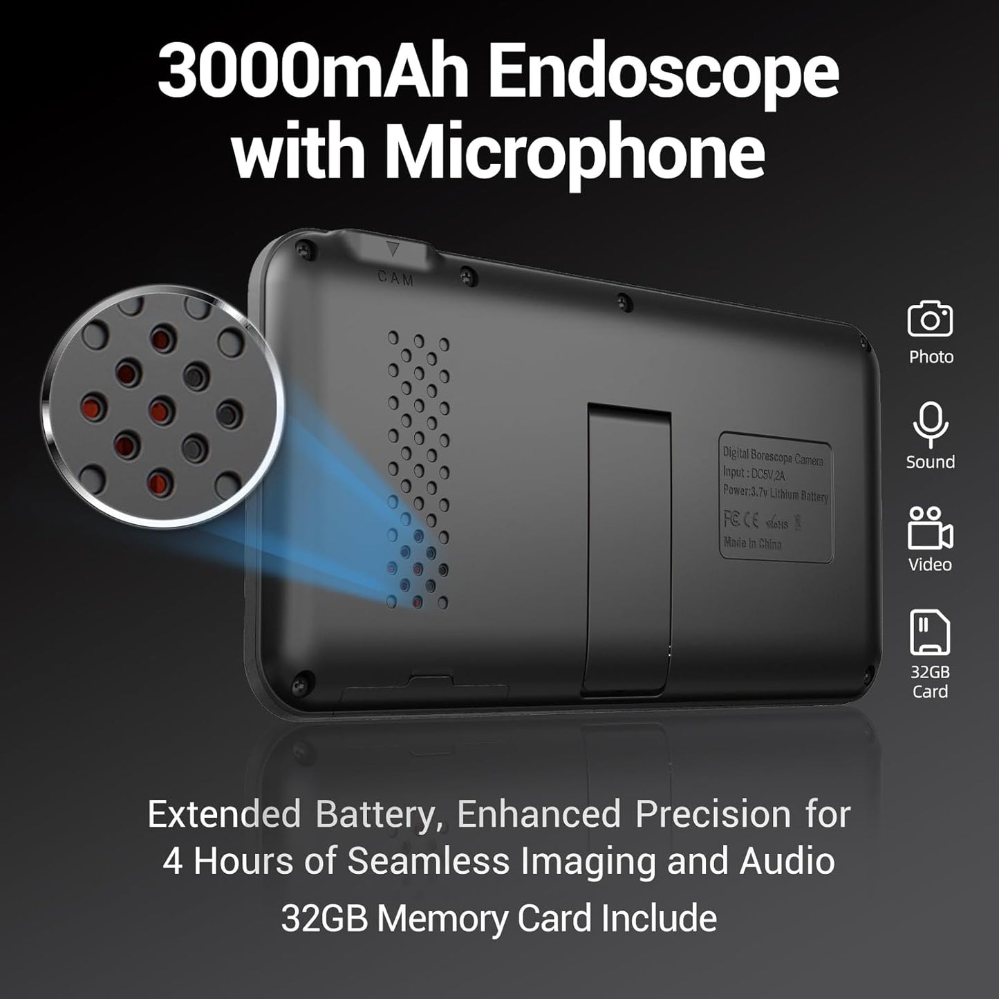 Dual-Lens Borescope, Split View Endoscope Camera with 5" IPS Screen, Inspection Camera, with 32GB Card,Photo & Video(Sound Available) for Plumbing, Auto, Sewer (50FT)