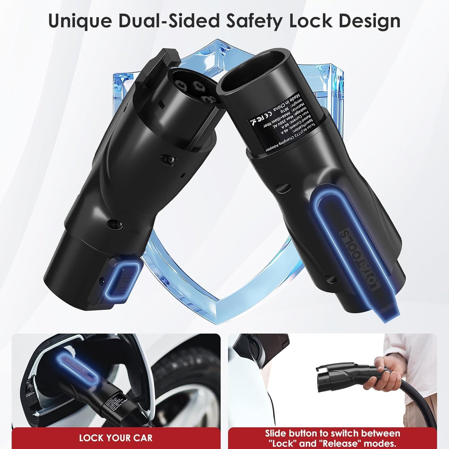 NACS to J1772 Charging Adapter,Max 60 Amp & 250V Tesla to J1772 EV Charging Adapter Compatible with IP55 Tesla High-Power Connectors, Destination and Mobile Chargers, Safety Lock