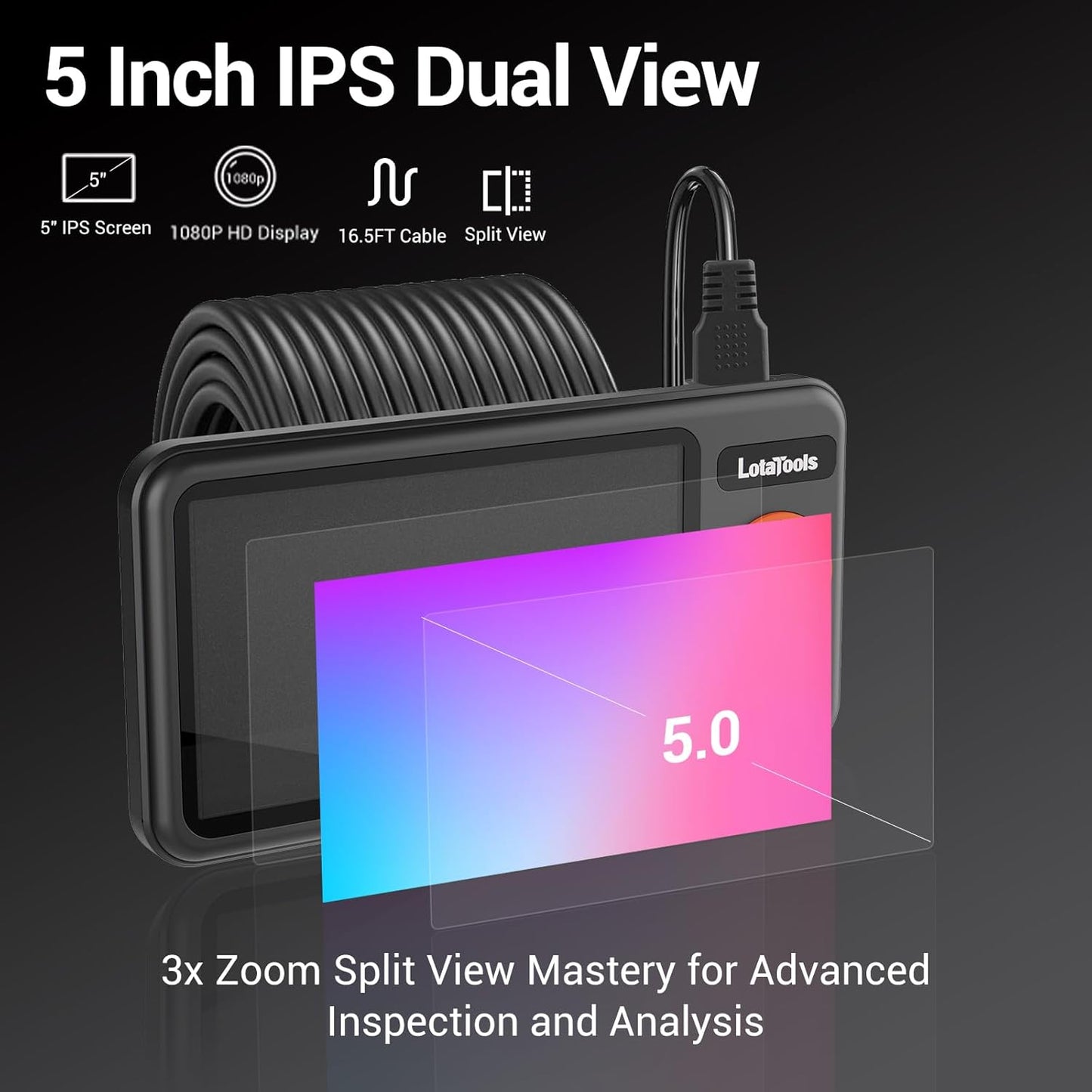 Dual-Lens Borescope, Split View Endoscope Camera with 5" IPS Screen, Inspection Camera, 32GB Card, Photo & Video (Sound Available) for Plumbing, Auto, Sewer (16.5FT)