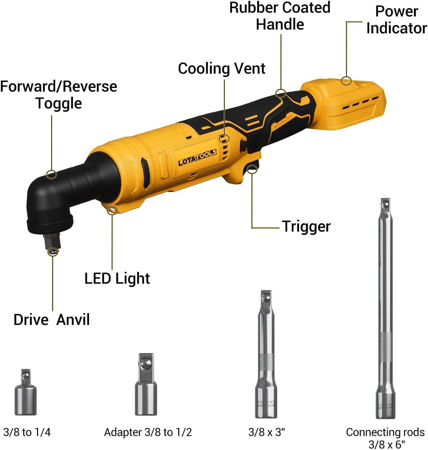 Electric Ratchet, Cordless Ratchet 3/8",93lb-ft Electric Ratchet Wrench, Square Drive Wrench with Extension Bar, 1/4" Adapter & 3" Extension Bar Compatible with DEWALT Battery(Tool Only)
