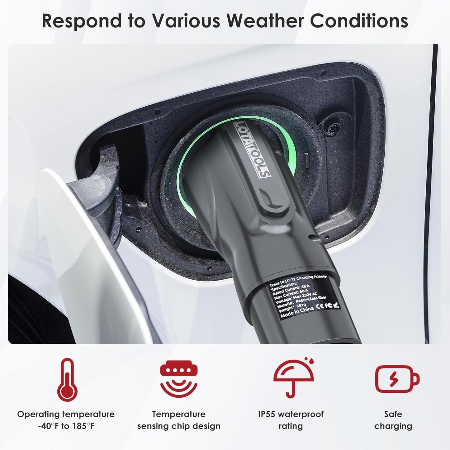 NACS to J1772 Charging Adapter,Max 60 Amp & 250V Tesla to J1772 EV Charging Adapter Compatible with IP55 Tesla High-Power Connectors, Destination and Mobile Chargers, Safety Lock