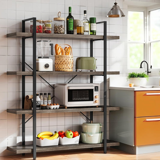 Bookcase, 47 Inch Wide Wood Bookshelf, 120lbs Shelf Capacity Estante, Rustic Open Shelving Industrial Display with Reinforced Horizontal Shelves for Living Room Bedroom Office (4 Tier - Grey)
