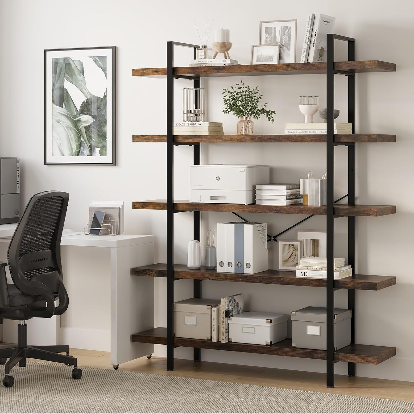 5 Tier Bookcase, 47 Inch Wide Wood Bookshelf, 120lbs Shelf Capacity Estante, Rustic Open Shelving Industrial Display with Reinforced Horizontal Brown Shelves for Living Room Bedroom Office