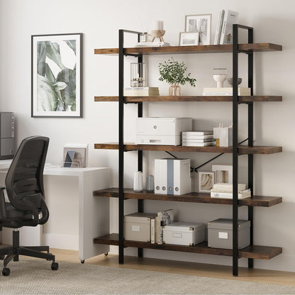 5 Tier Bookcase, 47 Inch Wide Wood Bookshelf, 120lbs Shelf Capacity Estante, Rustic Open Shelving Industrial Display with Reinforced Horizontal Brown Shelves for Living Room Bedroom Office