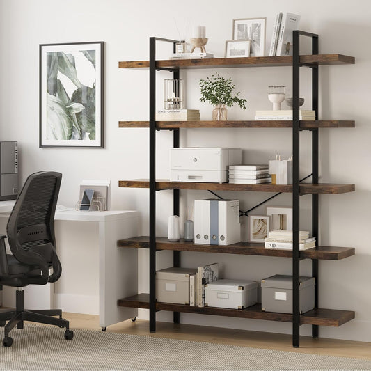 5 Tier Bookcase, 47 Inch Wide Wood Bookshelf, 120lbs Shelf Capacity Estante, Rustic Open Shelving Industrial Display with Reinforced Horizontal Brown Shelves for Living Room Bedroom Office