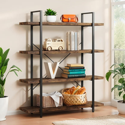 4 Tier Bookcase, 47 Inch Wide Wood Bookshelf, 120lbs Shelf Capacity Estante, Rustic Open Shelving Industrial Display with Reinforced Horizontal Brown Shelves for Living Room Bedroom Office