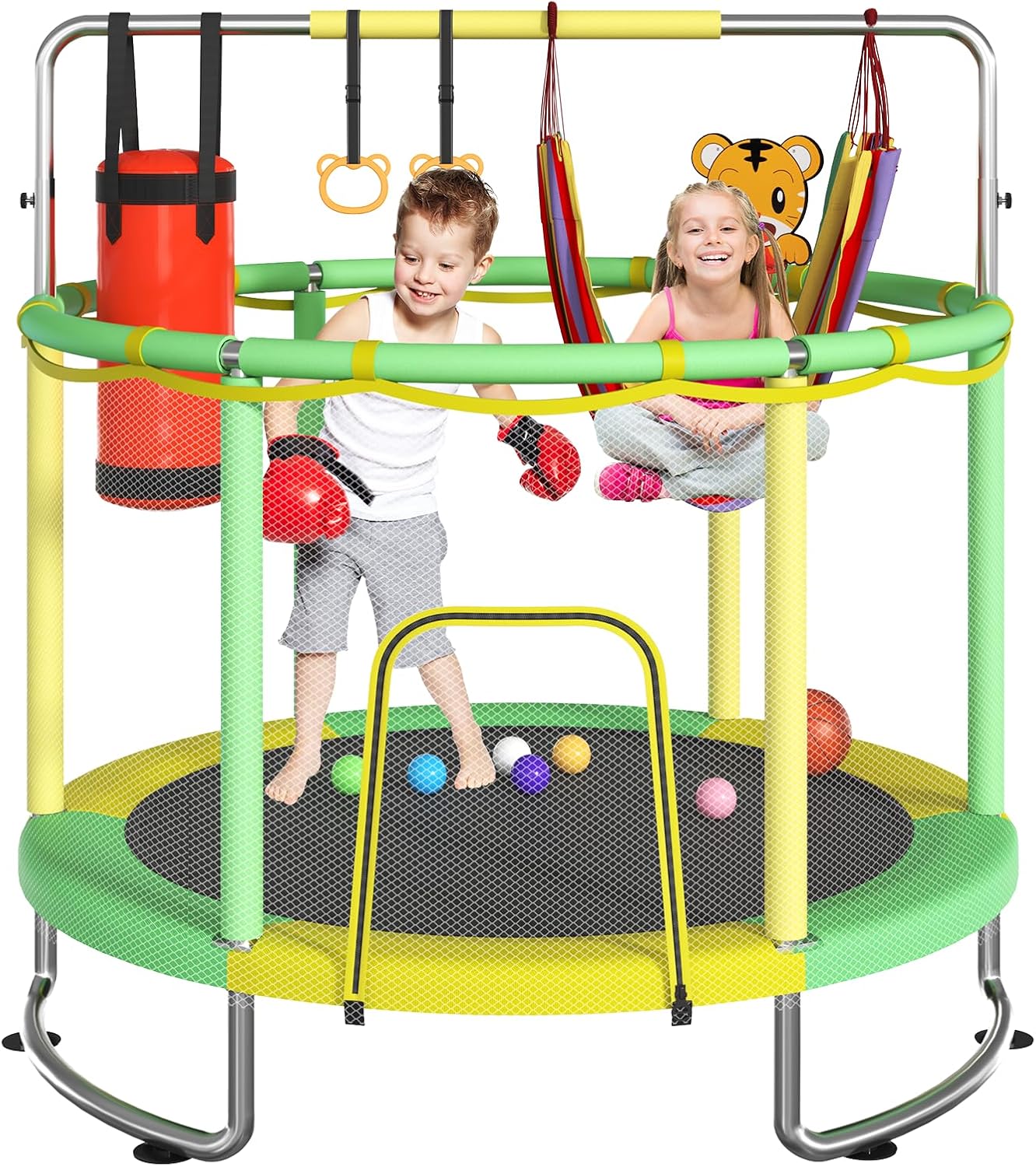 Trampoline for Kids, Upgrade Full Anti-Rust 440lbsToddler Trampoline with Net,Upgraded Ring Legs with Adjustable Gymnastics Bar&Toys, Gifts for Ages 1-8 Boys&Girls