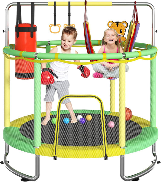 Trampoline for Kids, Upgrade Full Anti-Rust 440lbsToddler Trampoline with Net,Upgraded Ring Legs with Adjustable Gymnastics Bar&Toys, Gifts for Ages 1-8 Boys&Girls