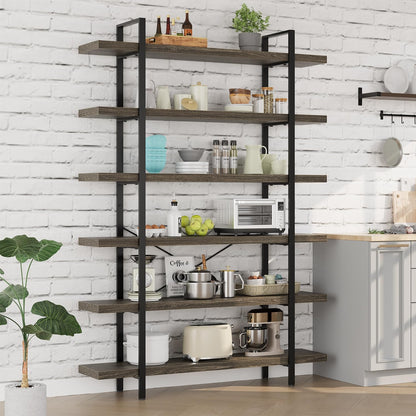 Bookcase, 47 Inch Wide Wood Bookshelf, 120lbs Shelf Capacity Estante, Rustic Open Shelving Industrial Display with Reinforced Horizontal Shelves for Living Room Bedroom Office (6 Tier - Grey)