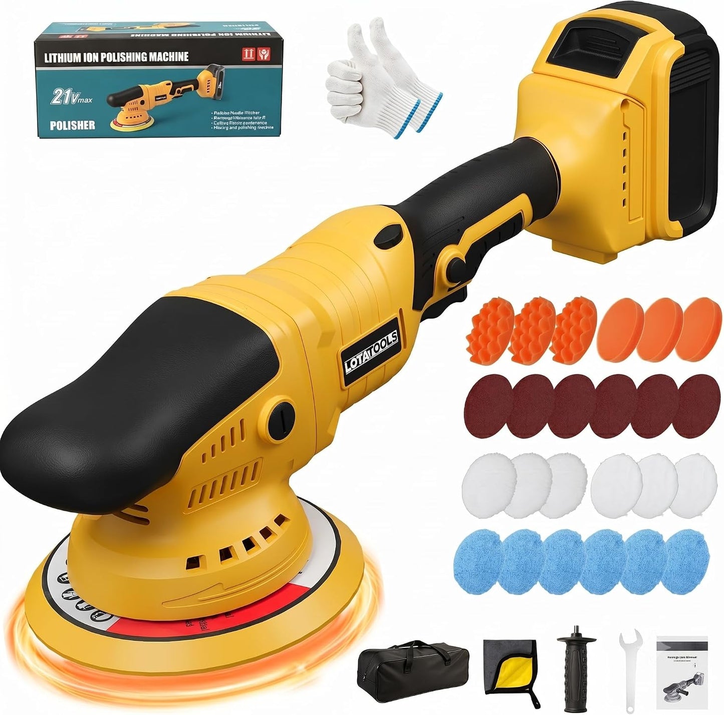 Polisher for Car Detailing to 5500Rpm (Yellow, Upgraded Version) | Battery Not Included,Orbital Buffer Cordless for Car 6 Variable Speed,Upgraded Brushless Motor,Complete Polishing Kit