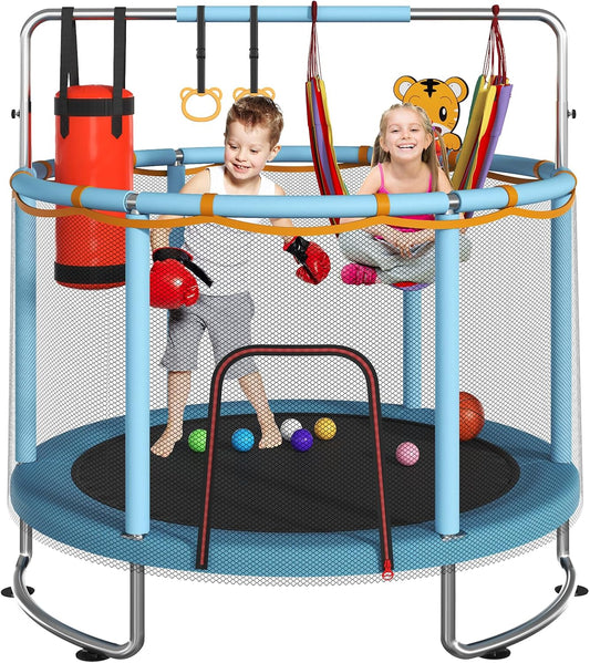 Trampoline for Kids, Upgrade Full Anti-Rust 440lbsToddler Trampoline with Net,Upgraded Ring Legs with Adjustable Gymnastics Bar&Toys, Gifts for Ages 1-8 Boys&Girls