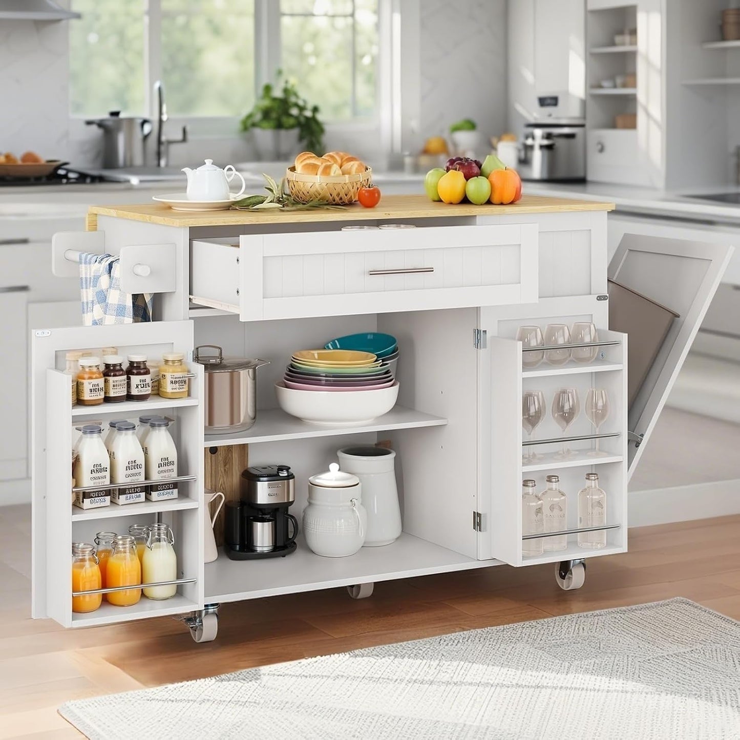 Kitchen Island with Storage, Island Table for Kitchen with Widen Drop Leaf Rubberwood Top, Trash Can Storage and Towel Bar, Rolling Kitchen Island Cart on Wheels for Indoor Outdoor, White