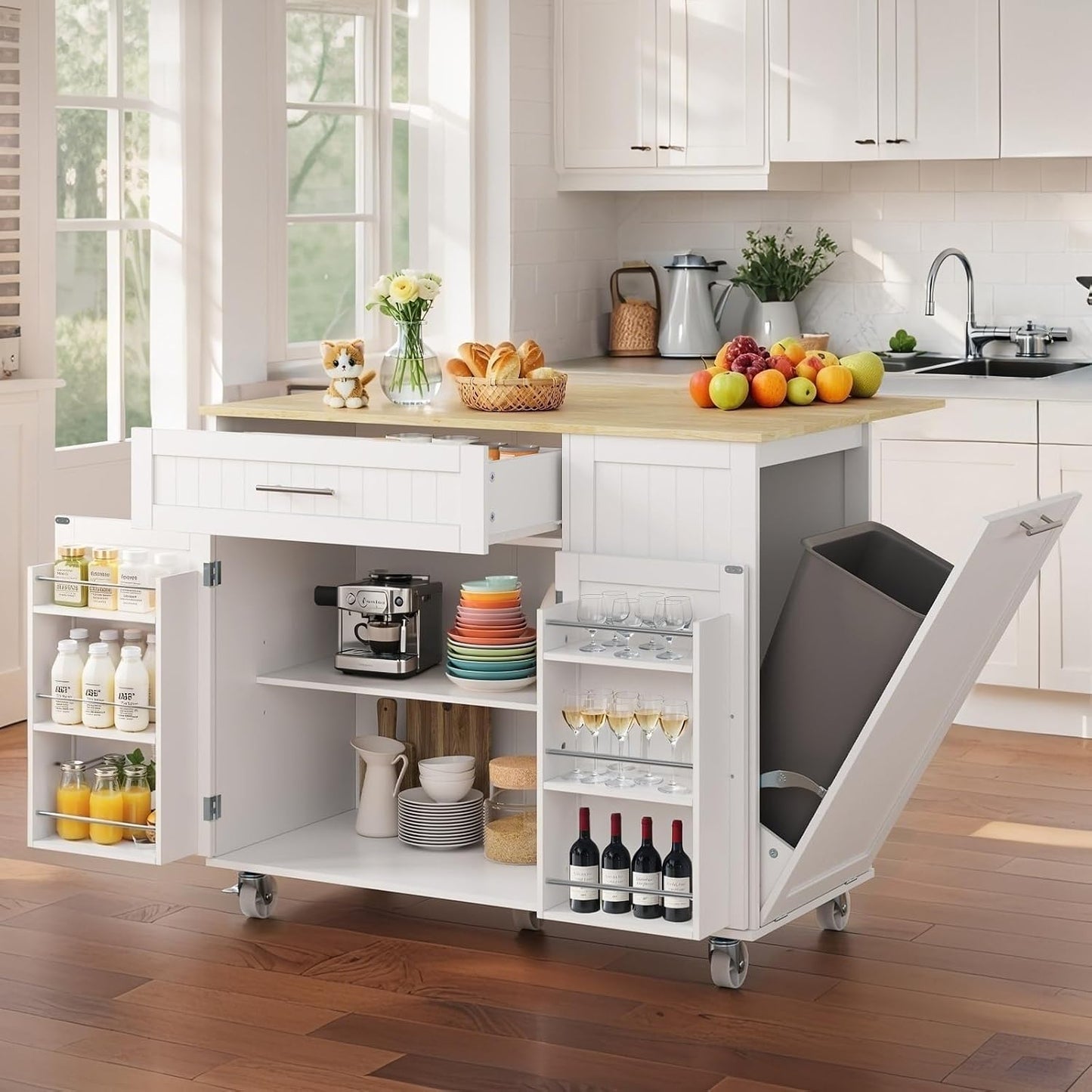 Kitchen Island with Storage, Island Table for Kitchen with Widen Drop Leaf Rubberwood Top, Trash Can Storage and Towel Bar, Rolling Kitchen Island Cart on Wheels for Indoor Outdoor, White