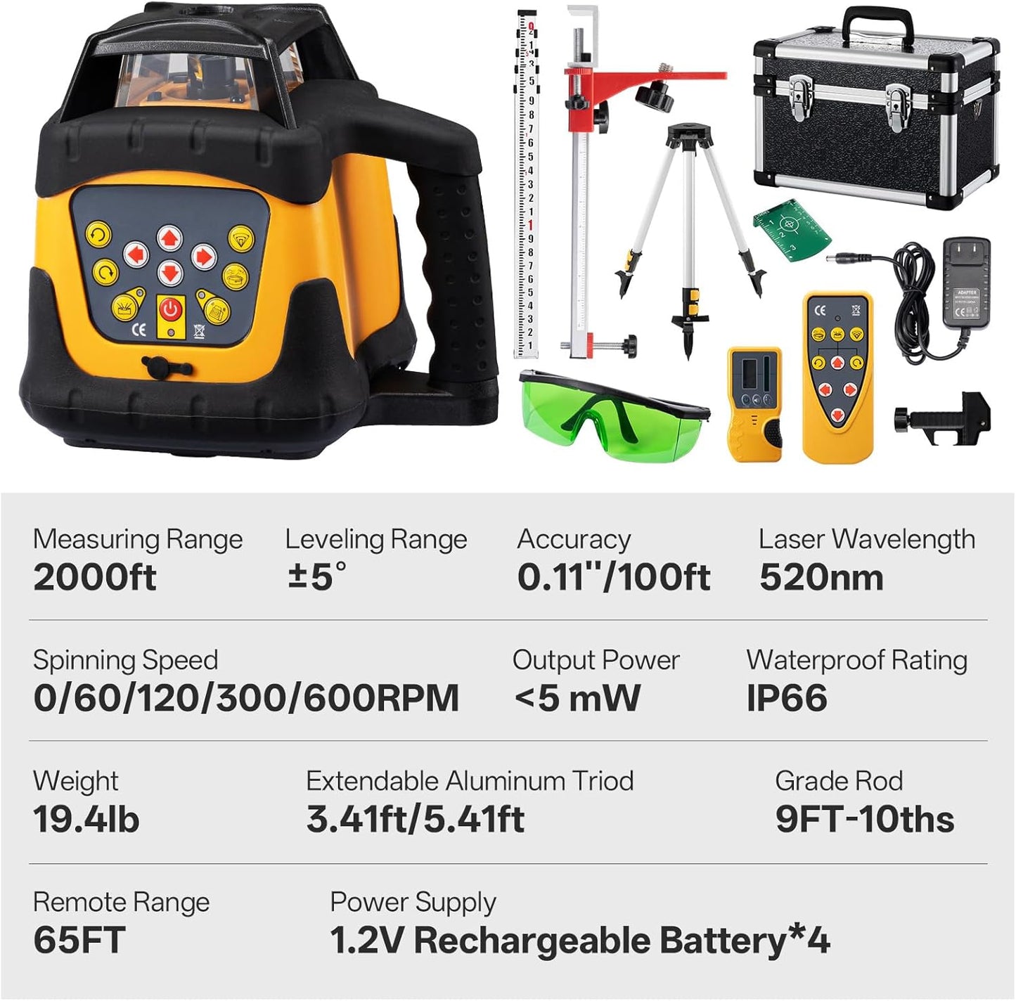 Self-Leveling Green Rotary Laser Level Kit, 2000ft Range with Receiver, ±1/8" Accuracy at 100ft, Class II ≤ 5 mW Laser, IP66 Waterproof, Includes Tripod, Grade Rod & Carrying Case