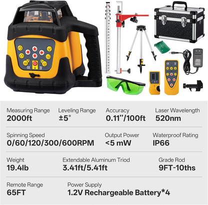 Self-Leveling Green Rotary Laser Level Kit, 2000ft Range with Receiver, ±1/8" Accuracy at 100ft, Class II ≤ 5 mW Laser, IP66 Waterproof, Includes Tripod, Grade Rod & Carrying Case