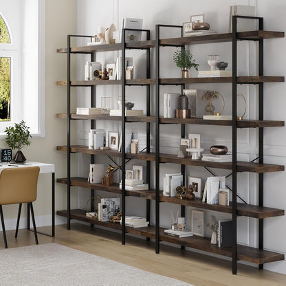 6 Tier Bookcase, 47 Inch Wide Wood Bookshelf, 120lbs Shelf Capacity Estante, Rustic Open Shelving Industrial Display with Reinforced Horizontal Brown Shelves for Living Room Bedroom Office