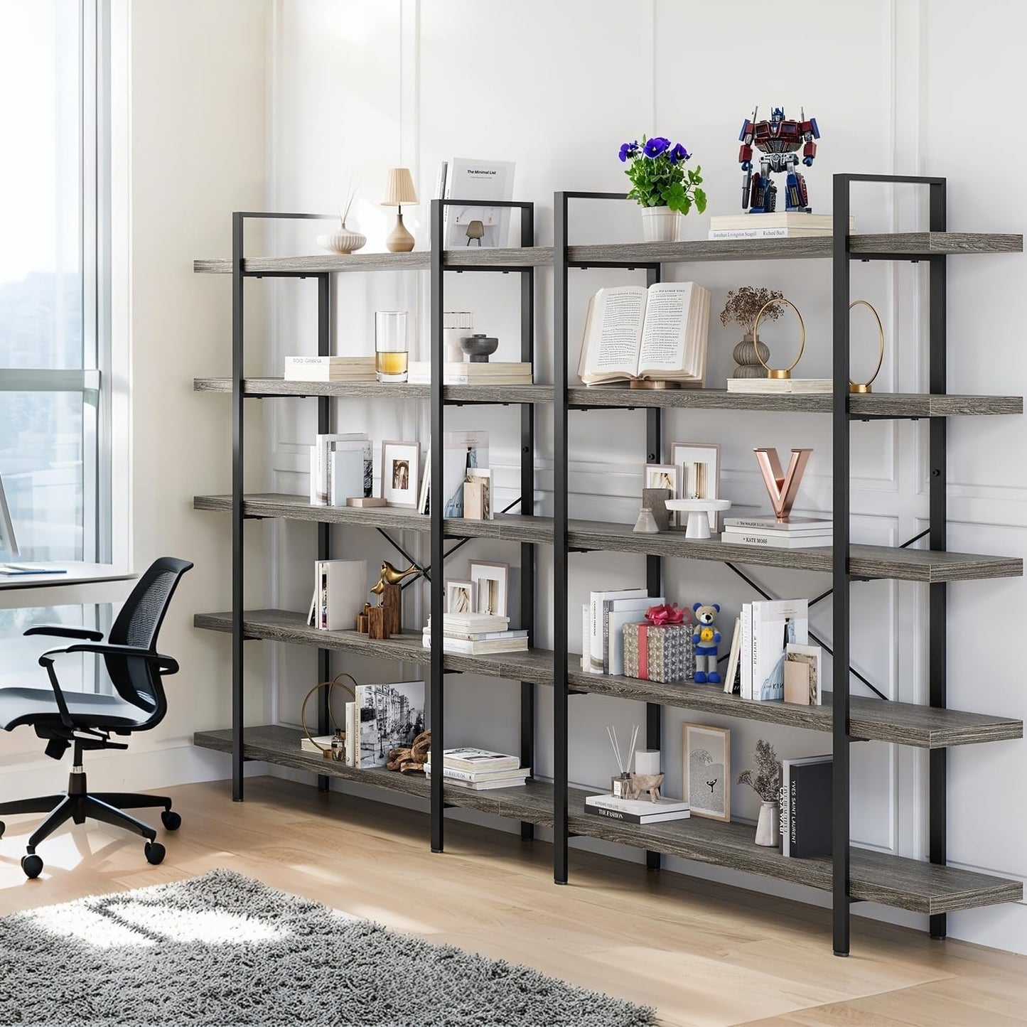 Bookcase, 47 Inch Wide Wood Bookshelf, 120lbs Shelf Capacity Estante, Rustic Open Shelving Industrial Display with Reinforced Horizontal Shelves for Living Room Bedroom Office (5 Tier - Grey)