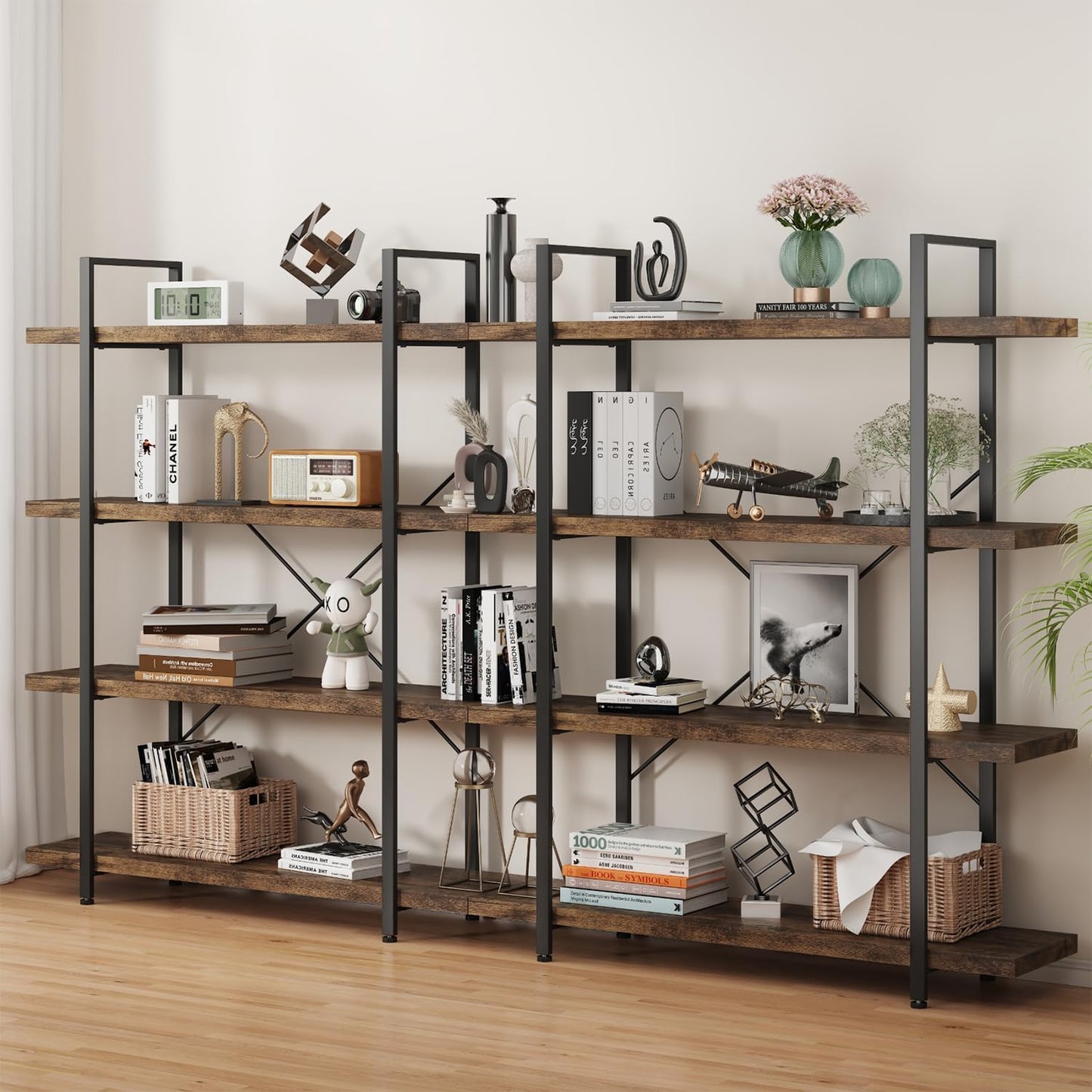 4 Tier Bookcase, 47 Inch Wide Wood Bookshelf, 120lbs Shelf Capacity Estante, Rustic Open Shelving Industrial Display with Reinforced Horizontal Brown Shelves for Living Room Bedroom Office