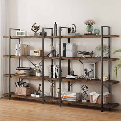 4 Tier Bookcase, 47 Inch Wide Wood Bookshelf, 120lbs Shelf Capacity Estante, Rustic Open Shelving Industrial Display with Reinforced Horizontal Brown Shelves for Living Room Bedroom Office