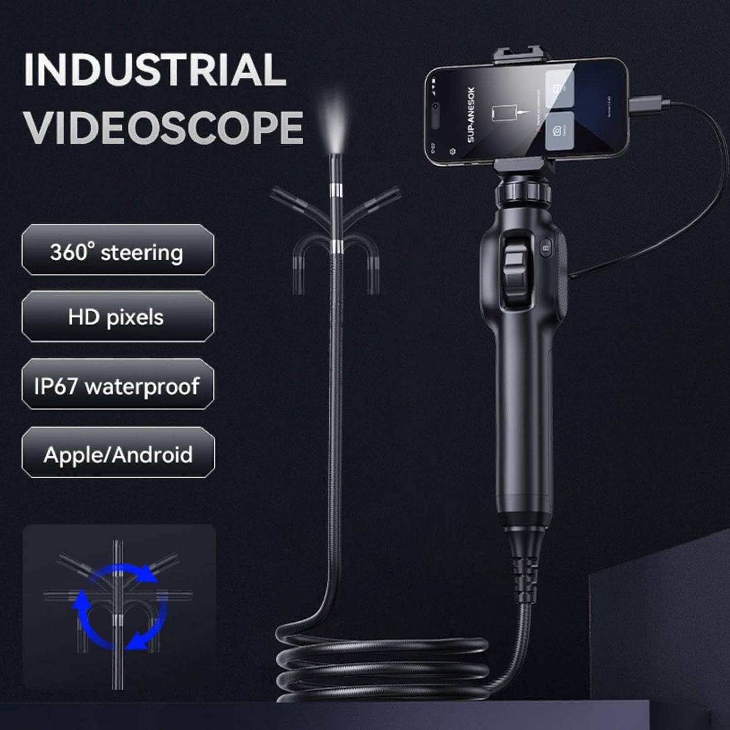 Two-Way Articulating Borescope, Inspection Endoscope with 7.9mm Snake Gooseneck Camera IP67 Probe, 1080P Inspection Camera for iPhone, Android, Cell Phone not Include (5FT)