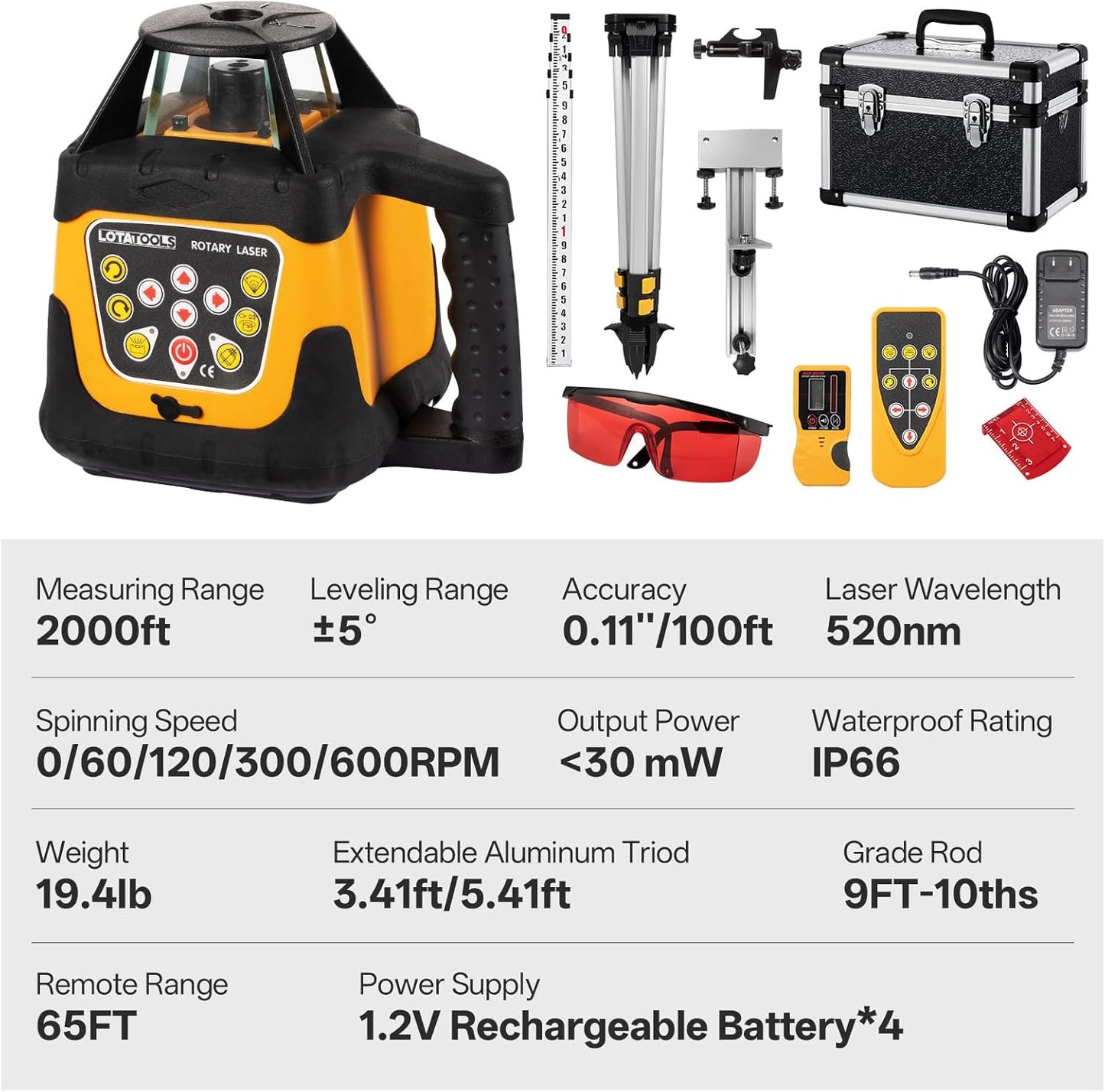 Self-Leveling Rotary Laser Level Kit, Class II ≤ 5 mW Red Laser, 2000 ft Range with Receiver, ±1/8" Accuracy at 100 ft, IP66 Waterproof, Includes Tripod & Grade Rod