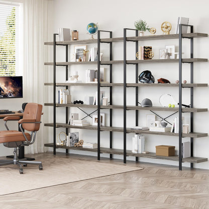 Bookcase, 47 Inch Wide Wood Bookshelf, 120lbs Shelf Capacity Estante, Rustic Open Shelving Industrial Display with Reinforced Horizontal Shelves for Living Room Bedroom Office (6 Tier - Grey)