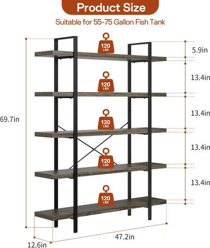 Bookcase, 47 Inch Wide Wood Bookshelf, 120lbs Shelf Capacity Estante, Rustic Open Shelving Industrial Display with Reinforced Horizontal Shelves for Living Room Bedroom Office (5 Tier - Grey)