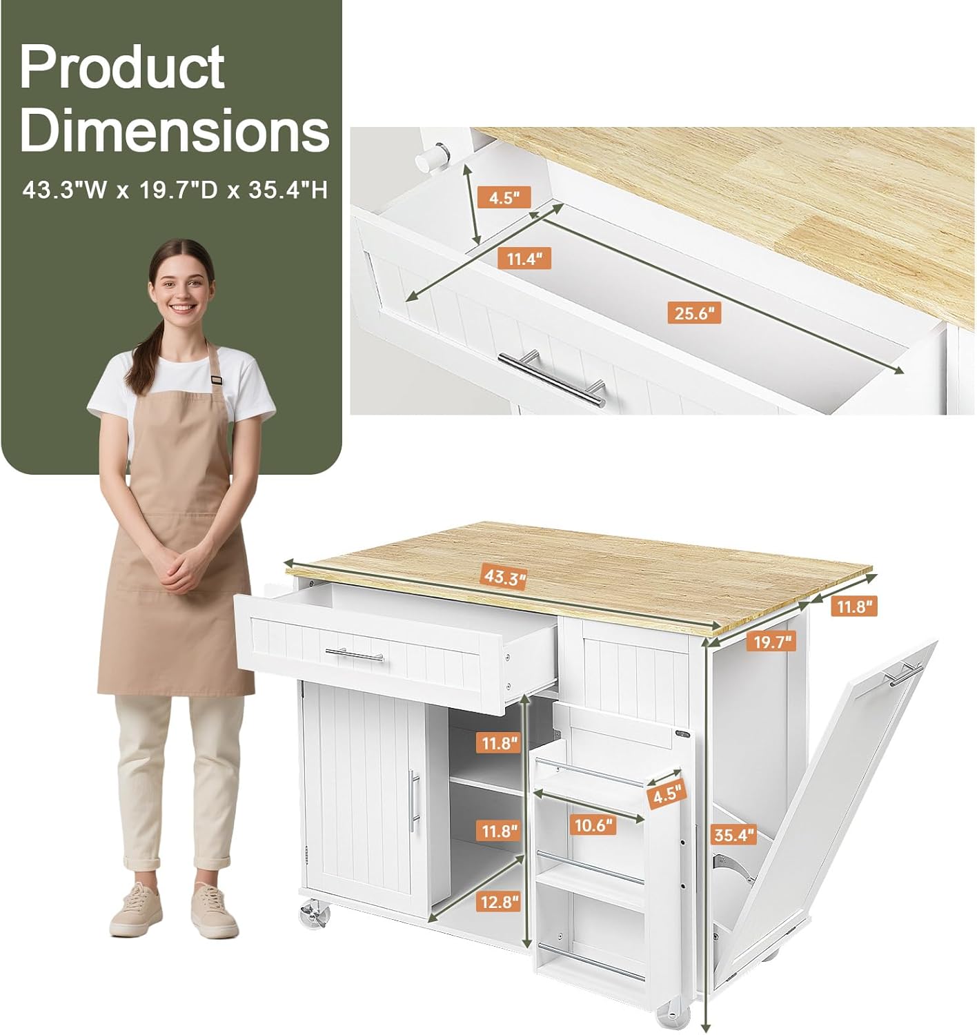 Kitchen Island with Storage, Island Table for Kitchen with Widen Drop Leaf Rubberwood Top, Trash Can Storage and Towel Bar, Rolling Kitchen Island Cart on Wheels for Indoor Outdoor, White