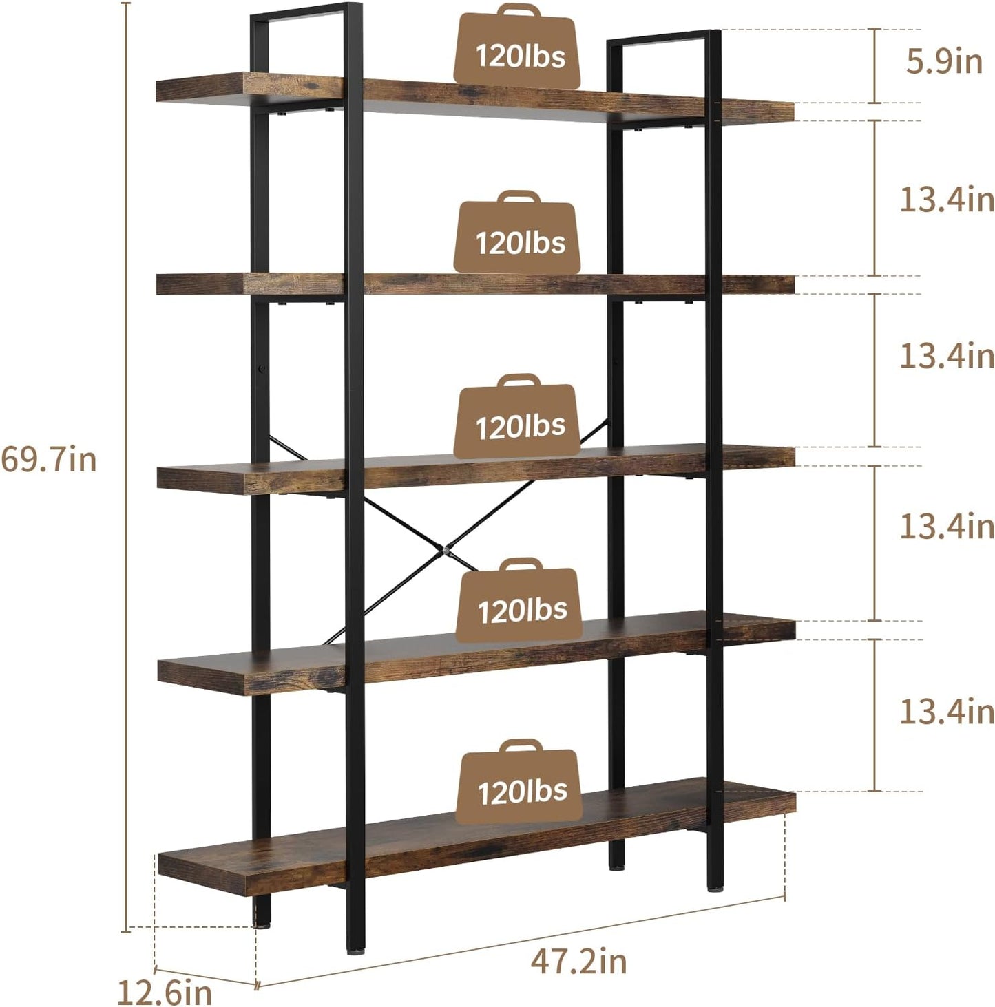 5 Tier Bookcase, 47 Inch Wide Wood Bookshelf, 120lbs Shelf Capacity Estante, Rustic Open Shelving Industrial Display with Reinforced Horizontal Brown Shelves for Living Room Bedroom Office