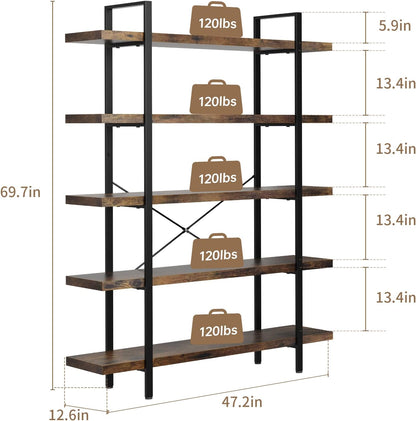 5 Tier Bookcase, 47 Inch Wide Wood Bookshelf, 120lbs Shelf Capacity Estante, Rustic Open Shelving Industrial Display with Reinforced Horizontal Brown Shelves for Living Room Bedroom Office