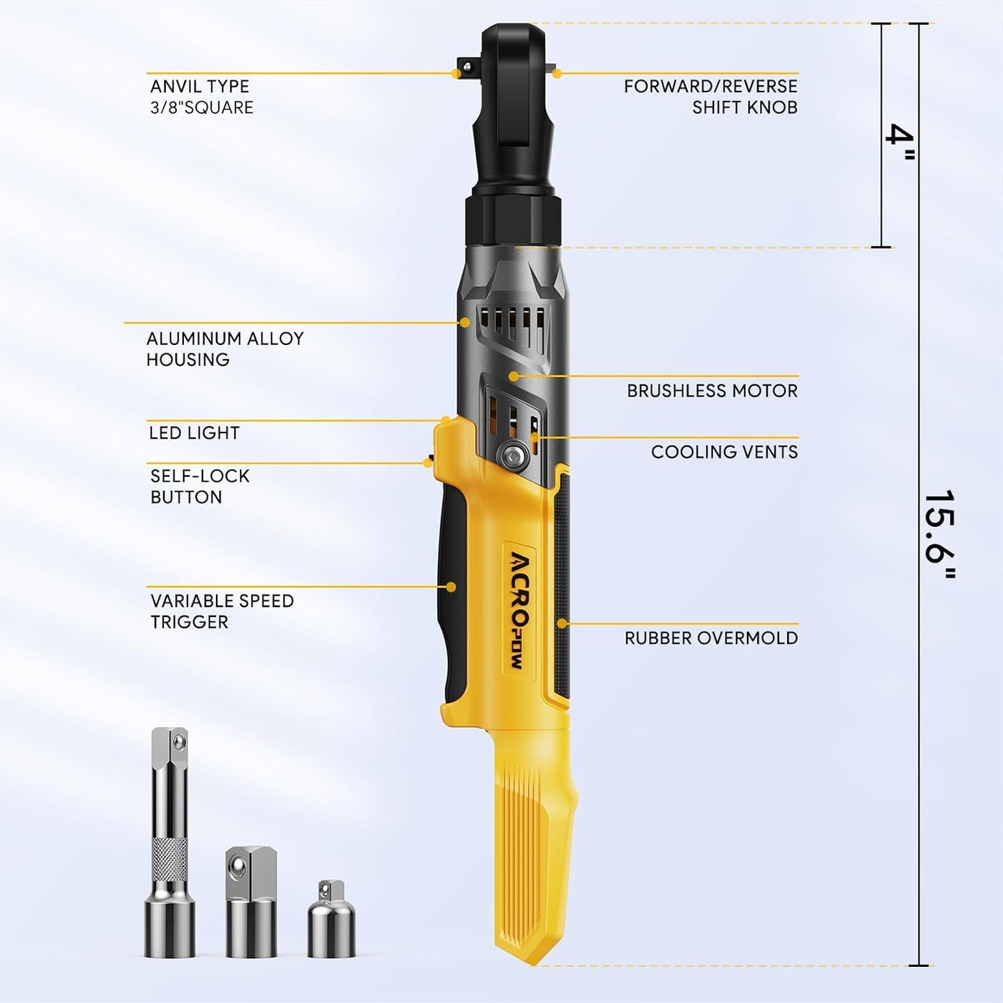 3/8" Cordless Ratchet Wrench, Compatible with DEWALT 20V MAX Battery, 74Ft-Lbs Brushless Motor Electric Ratchet with Variable Speed, 1/2" & 1/4" Adapters, 3" Extension Bar (Tool Only)