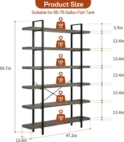 Bookcase, 47 Inch Wide Wood Bookshelf, 120lbs Shelf Capacity Estante, Rustic Open Shelving Industrial Display with Reinforced Horizontal Shelves for Living Room Bedroom Office (6 Tier - Grey)