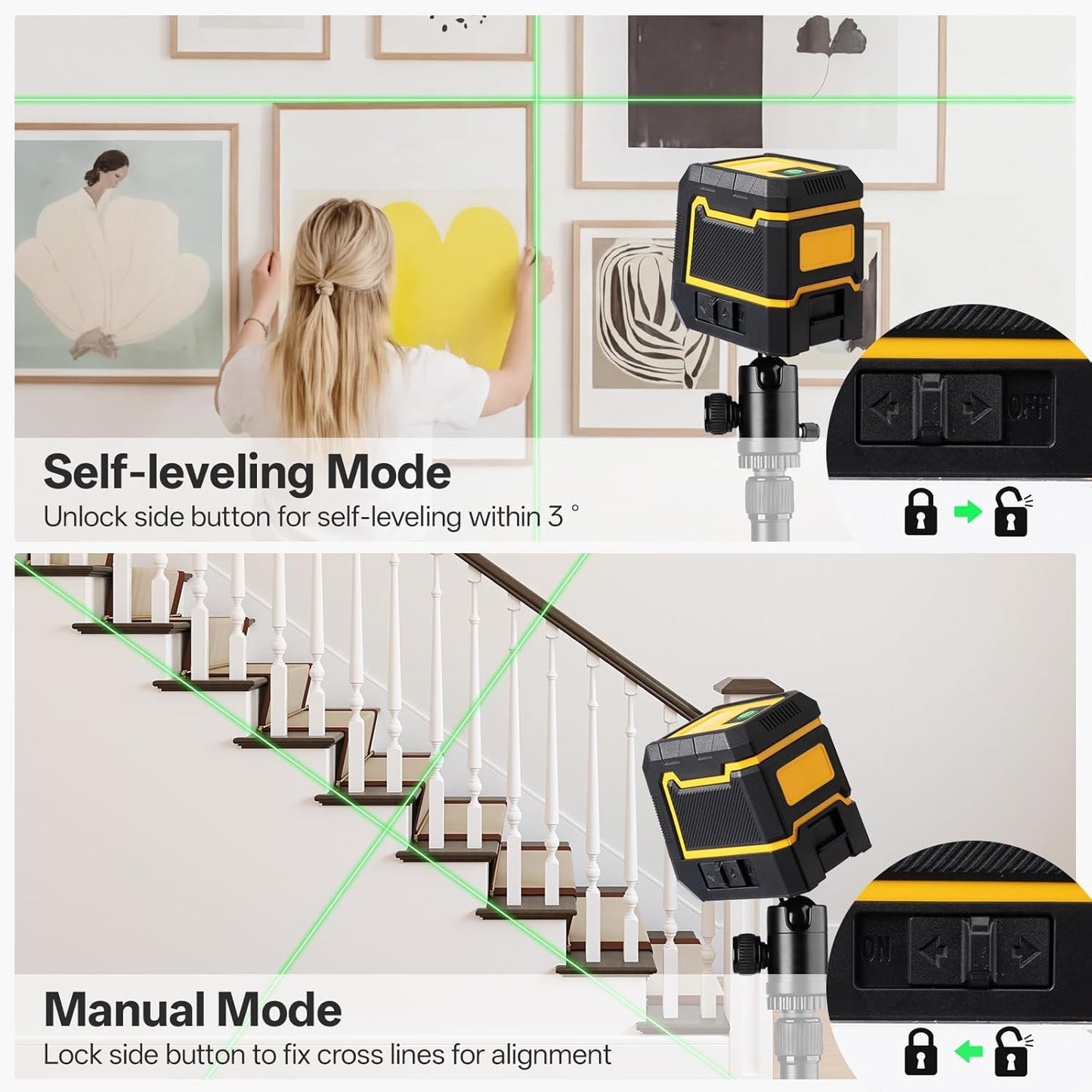 Self Leveling Green Laser Level, 100ft Cross Line Tool with Rotary Function, Class II <1mW 635nm, 3 Brightness Modes, Magnetic Bracket, IP54 Dust/Water Resistant