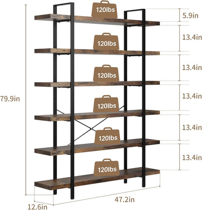 6 Tier Bookcase, 47 Inch Wide Wood Bookshelf, 120lbs Shelf Capacity Estante, Rustic Open Shelving Industrial Display with Reinforced Horizontal Brown Shelves for Living Room Bedroom Office