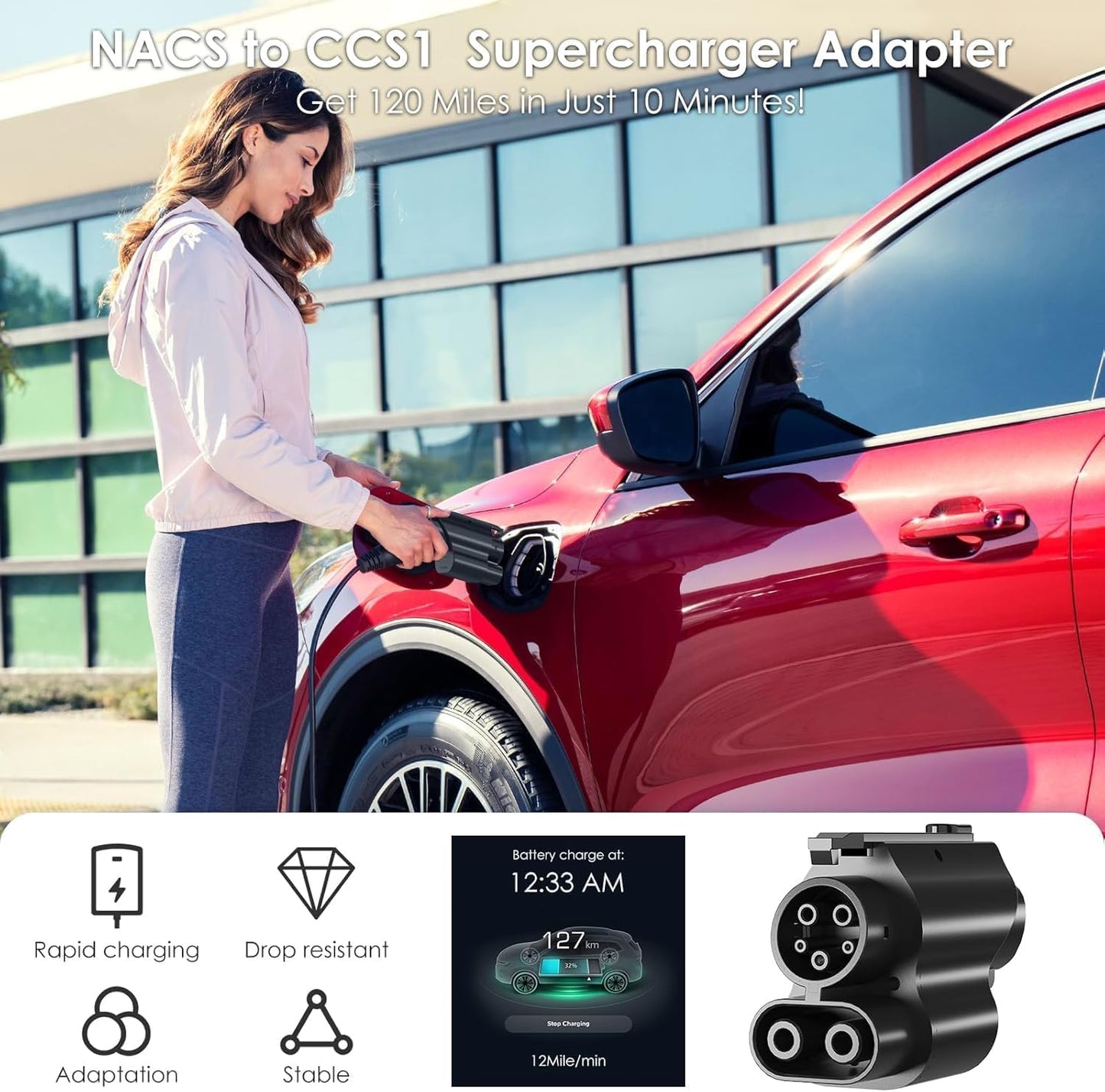 NACS to CCS1 Charging Adapter,Max 250KW Supercharger [Max 500A, 1000V] fit for Rivian,Ford,Mustang,GM EVs,Volvo,Polestar,Tesla Supercharger Adapter,fit for Tesla V1/V2/V3/V4 DC
