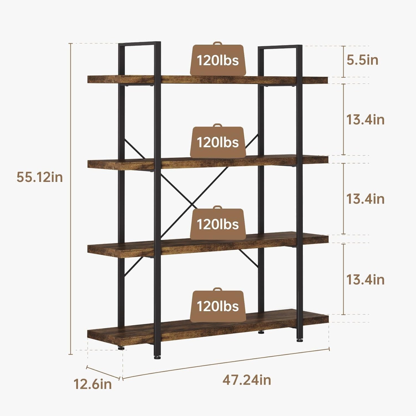 4 Tier Bookcase, 47 Inch Wide Wood Bookshelf, 120lbs Shelf Capacity Estante, Rustic Open Shelving Industrial Display with Reinforced Horizontal Brown Shelves for Living Room Bedroom Office