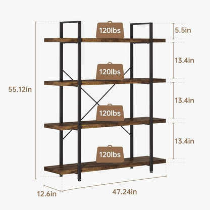 4 Tier Bookcase, 47 Inch Wide Wood Bookshelf, 120lbs Shelf Capacity Estante, Rustic Open Shelving Industrial Display with Reinforced Horizontal Brown Shelves for Living Room Bedroom Office