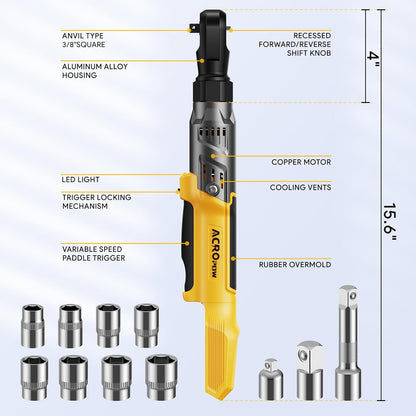 3/8" Cordless Ratchet Wrench, Compatible with DEWALT 20V Battery, 74Ft-Lbs Brushless Motor Electric Ratchet with Variable Speed, Sockets Set, Adapters and Tool Bag（No Battery and Charger）