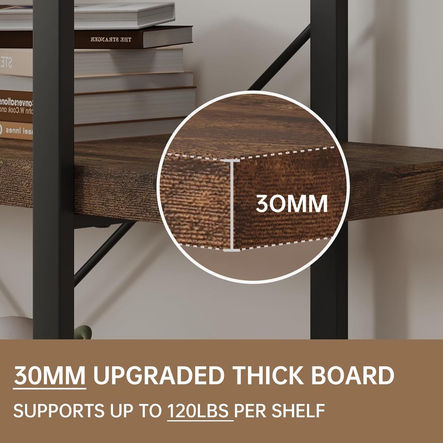4 Tier Bookcase, 47 Inch Wide Wood Bookshelf, 120lbs Shelf Capacity Estante, Rustic Open Shelving Industrial Display with Reinforced Horizontal Brown Shelves for Living Room Bedroom Office