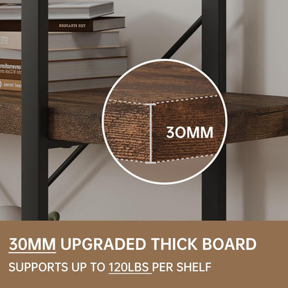 4 Tier Bookcase, 47 Inch Wide Wood Bookshelf, 120lbs Shelf Capacity Estante, Rustic Open Shelving Industrial Display with Reinforced Horizontal Brown Shelves for Living Room Bedroom Office