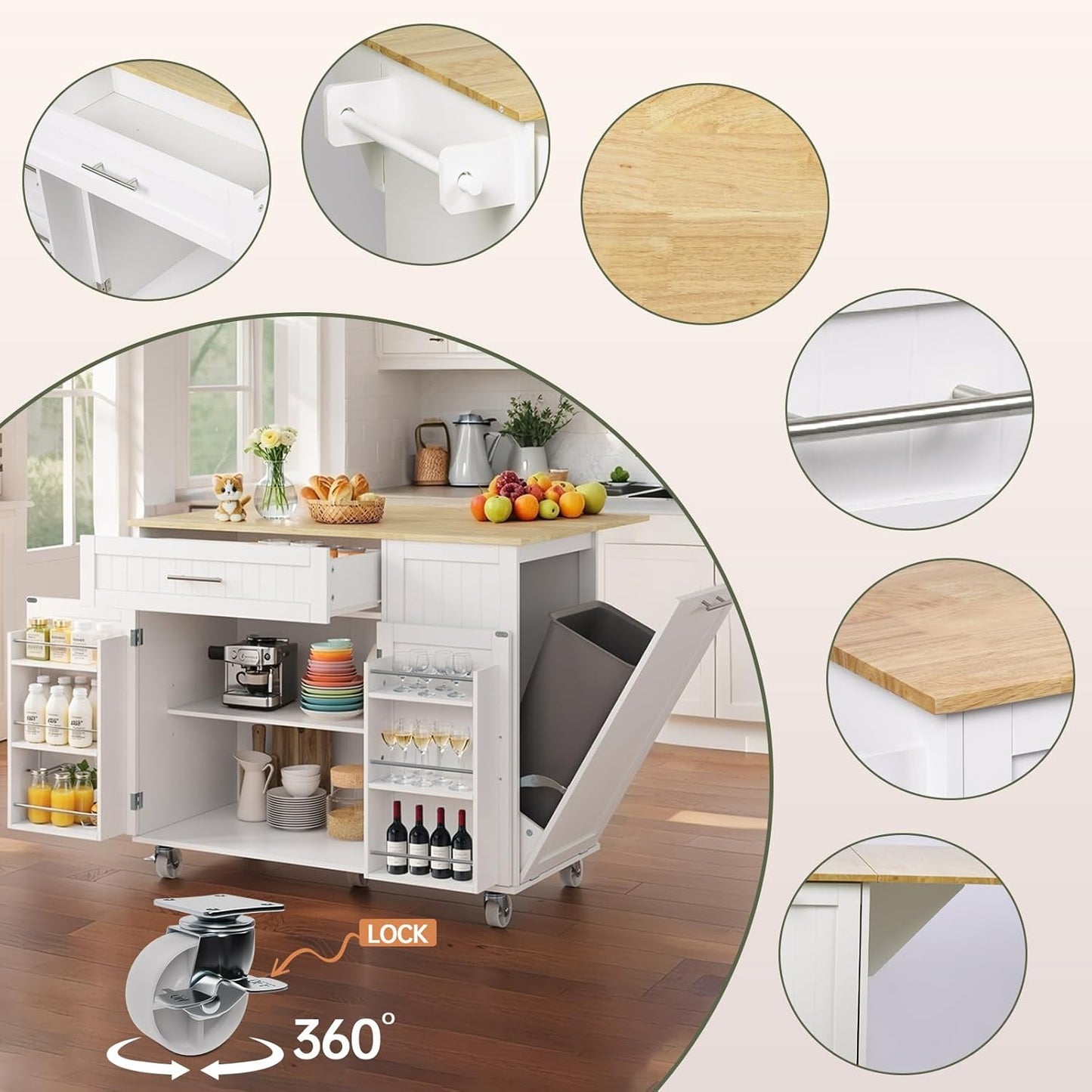 Kitchen Island with Storage, Island Table for Kitchen with Widen Drop Leaf Rubberwood Top, Trash Can Storage and Towel Bar, Rolling Kitchen Island Cart on Wheels for Indoor Outdoor, White