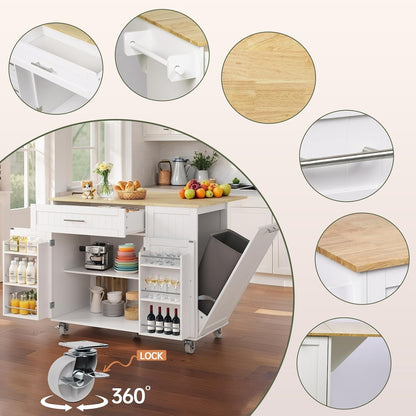 Kitchen Island with Storage, Island Table for Kitchen with Widen Drop Leaf Rubberwood Top, Trash Can Storage and Towel Bar, Rolling Kitchen Island Cart on Wheels for Indoor Outdoor, White