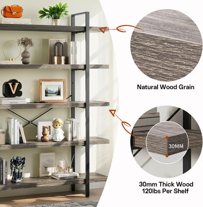 Bookcase, 47 Inch Wide Wood Bookshelf, 120lbs Shelf Capacity Estante, Rustic Open Shelving Industrial Display with Reinforced Horizontal Shelves for Living Room Bedroom Office (5 Tier - Grey)