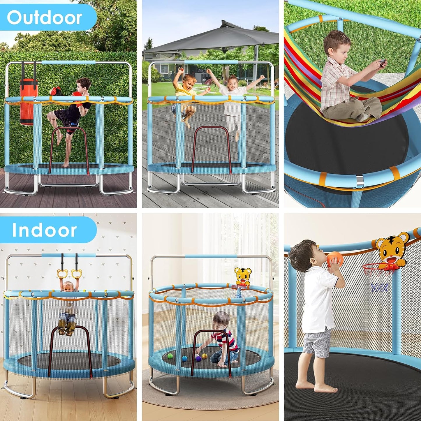 Trampoline for Kids, Upgrade Full Anti-Rust 440lbsToddler Trampoline with Net,Upgraded Ring Legs with Adjustable Gymnastics Bar&Toys, Gifts for Ages 1-8 Boys&Girls
