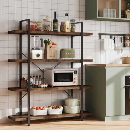 4 Tier Bookcase, 47 Inch Wide Wood Bookshelf, 120lbs Shelf Capacity Estante, Rustic Open Shelving Industrial Display with Reinforced Horizontal Brown Shelves for Living Room Bedroom Office