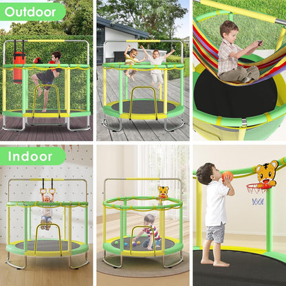 Trampoline for Kids, Upgrade Full Anti-Rust 440lbsToddler Trampoline with Net,Upgraded Ring Legs with Adjustable Gymnastics Bar&Toys, Gifts for Ages 1-8 Boys&Girls