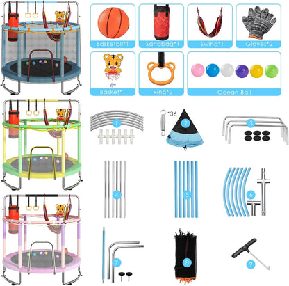 Trampoline for Kids, Upgrade Full Anti-Rust 440lbsToddler Trampoline with Net,Upgraded Ring Legs with Adjustable Gymnastics Bar&Toys, Gifts for Ages 1-8 Boys&Girls