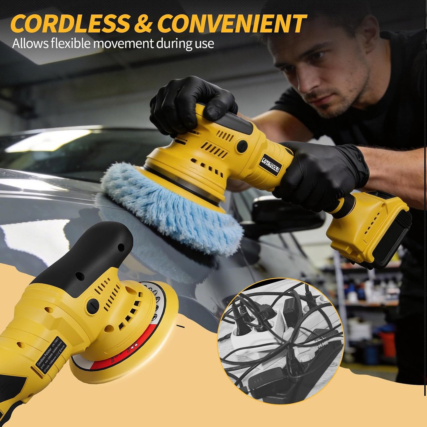 Polisher for Car Detailing to 5500Rpm (Yellow, Upgraded Version) | Battery Not Included,Orbital Buffer Cordless for Car 6 Variable Speed,Upgraded Brushless Motor,Complete Polishing Kit